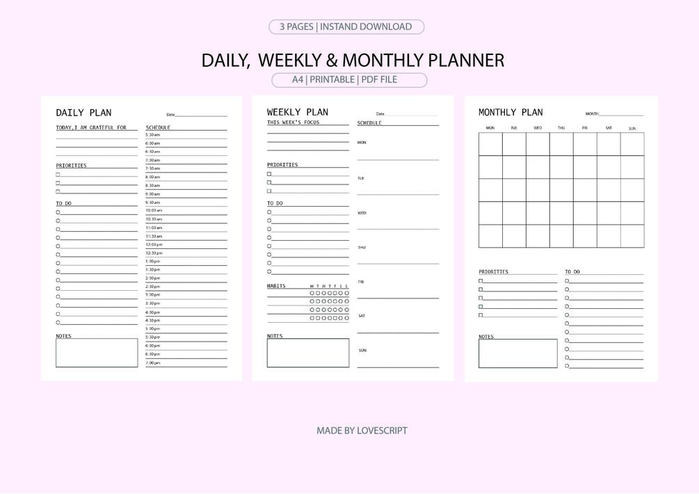 Daily, Weekly & Monthly Printable Planner