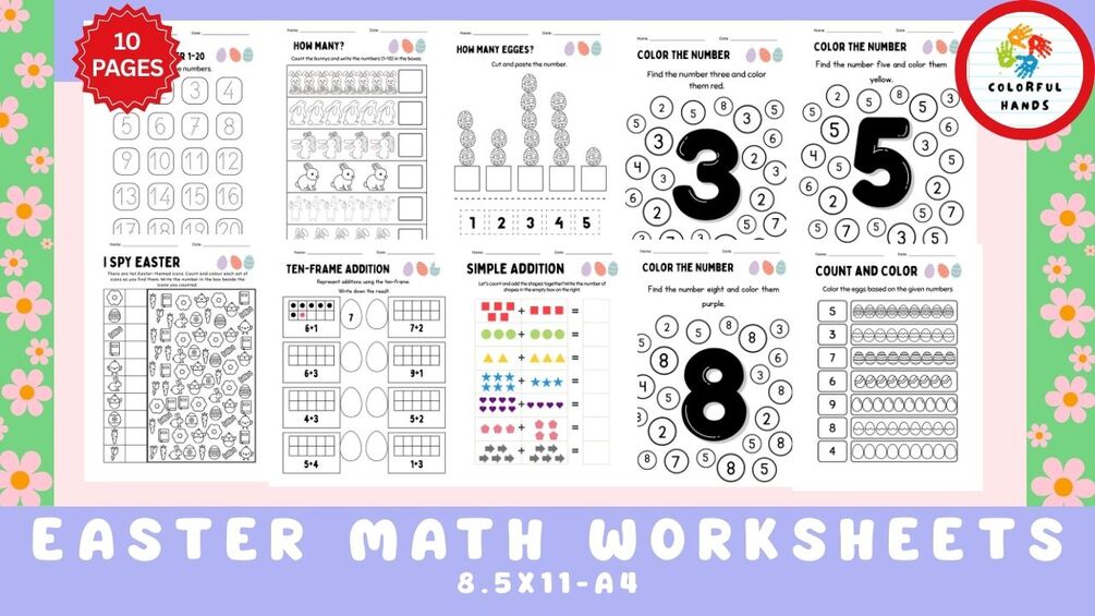 Easter Math Worksheets for Kids – 10 Fun Printable Pages (PDF) 8.5x11-A4