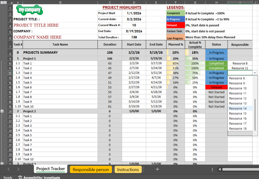 Project Progress & Task Status Tracker Excel Template | Automated ...