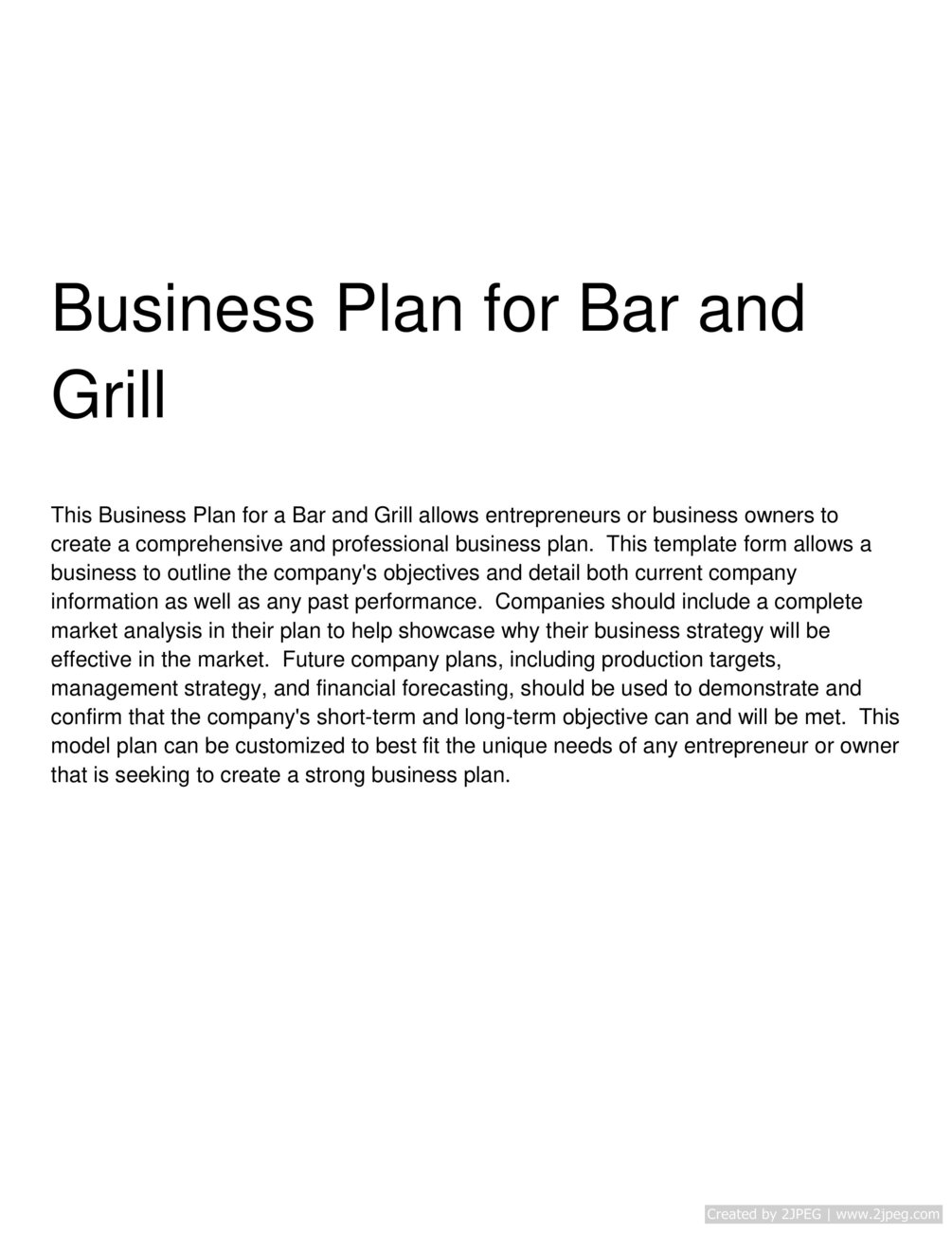 Business Plan for Bar and Grill