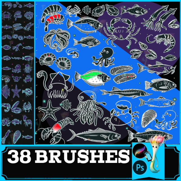 procreate brush ps seafood, seafood line draft illustration sketch crab shrimp fish oyster food, rocreate Hard Shell Sea Creature Stamps by best procreate brushes