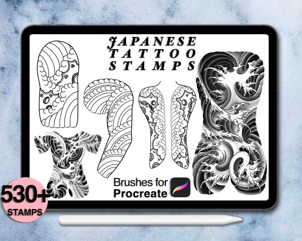 530 Japanese tattoo procreate stamps  Dragon, Tiger, Carp, Snake, Hannya,  Samurai, Daruma, Skull,.