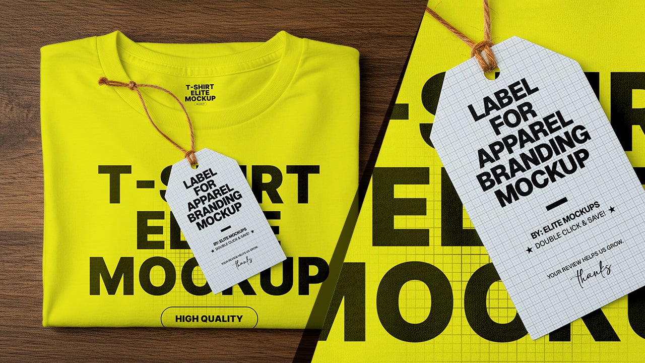 Apparel branding mockup with hang tag and shirt print
