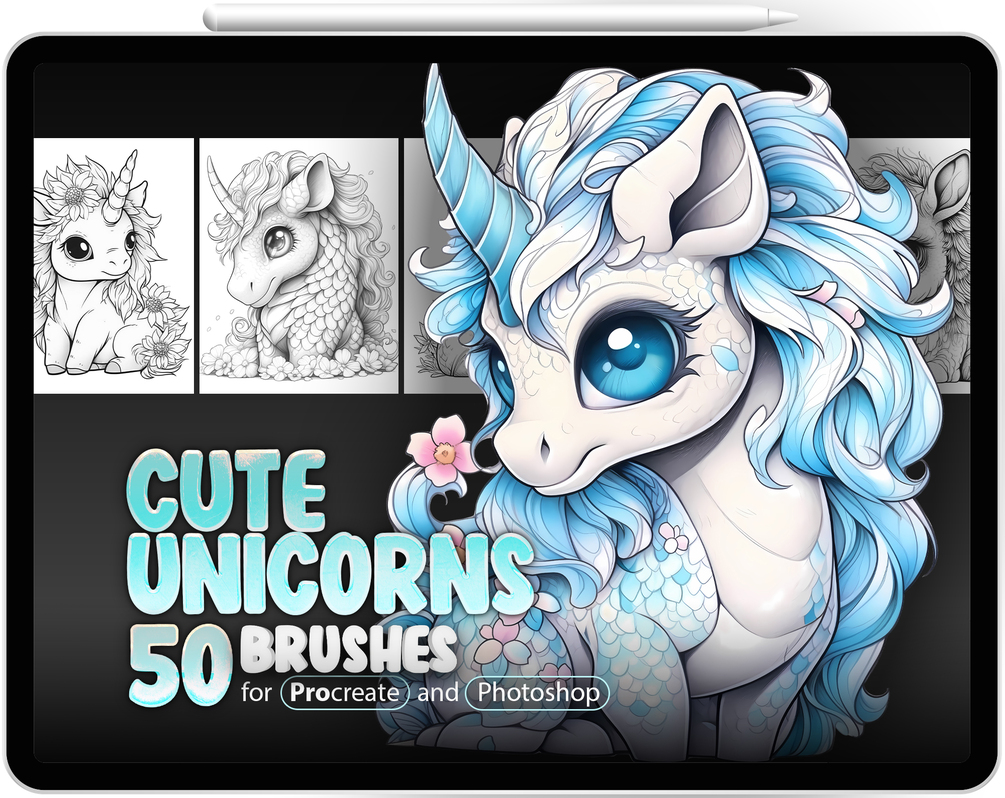 50 Cute Unicorns Stamp Brushes Collection for Procreate and Photoshop by ProCreativeBreeze