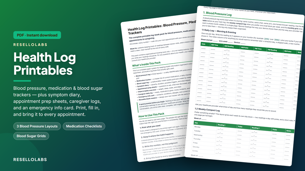 Blood Pressure Log & Health Trackers: Printable Bundle