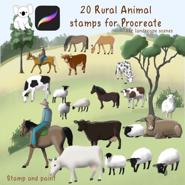 20 Rural animal stamps for Procreate , sheep, cows, horses by Anita Reay