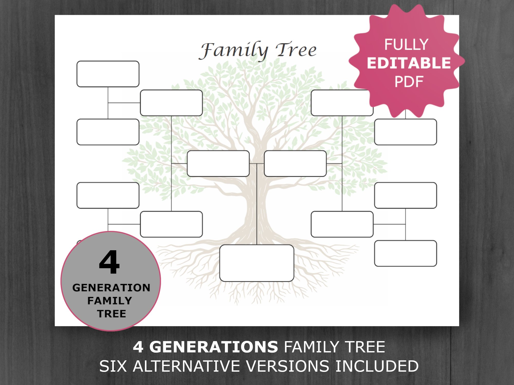 Family Tree Chart 4 Generations. Printable and Editable Family Tree Template. Digital Ancestor/Pedigree Chart. Ancestral Genealogy Template. for Printable Free Family Tree Template