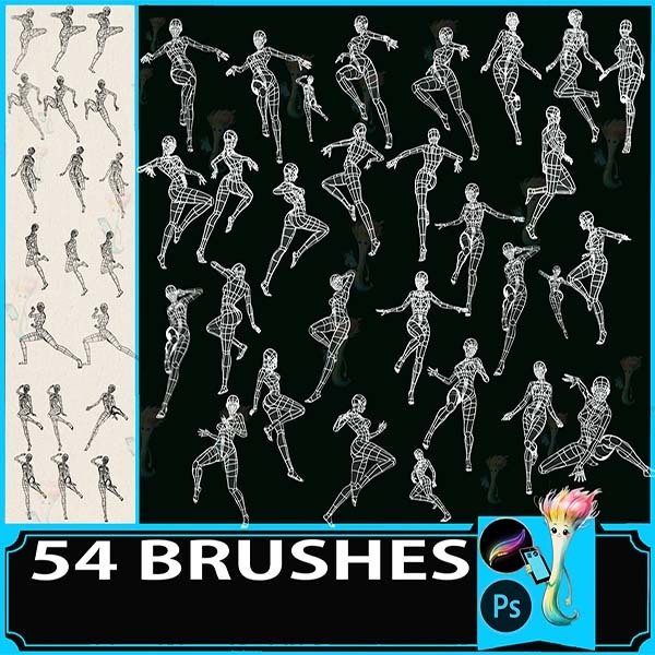 Procreate & Photoshop 54 Types Female Character・Human Body Structure・Action Pose Auxiliary Line Brush Set | Line Art・Sketching・Illustration Material by best procreate brushes