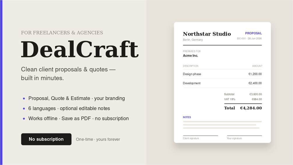 DealCraft screenshot showing an offline proposal and quote builder