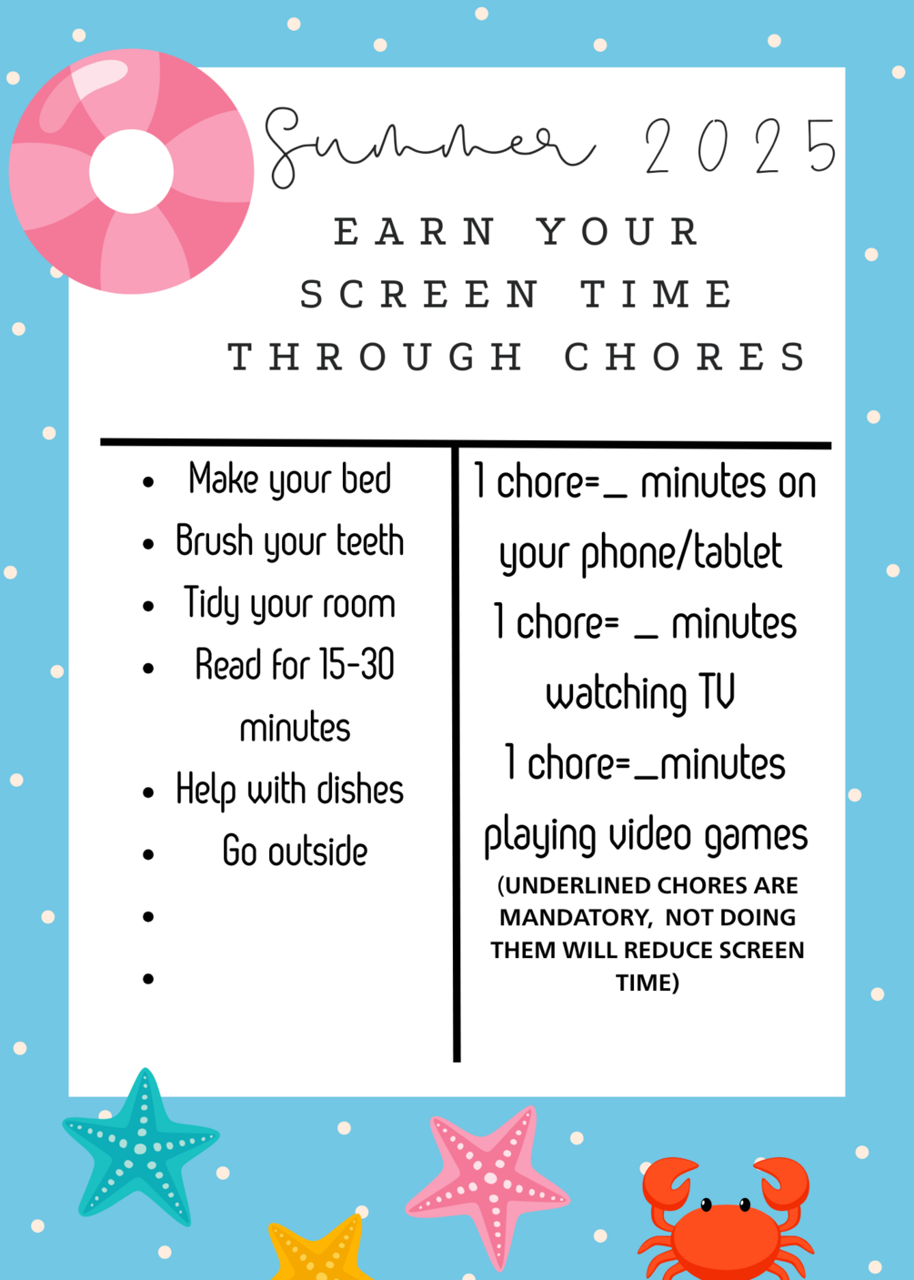 Summer Screen Time+ Chore Chart (Kids earn their screen time!!)