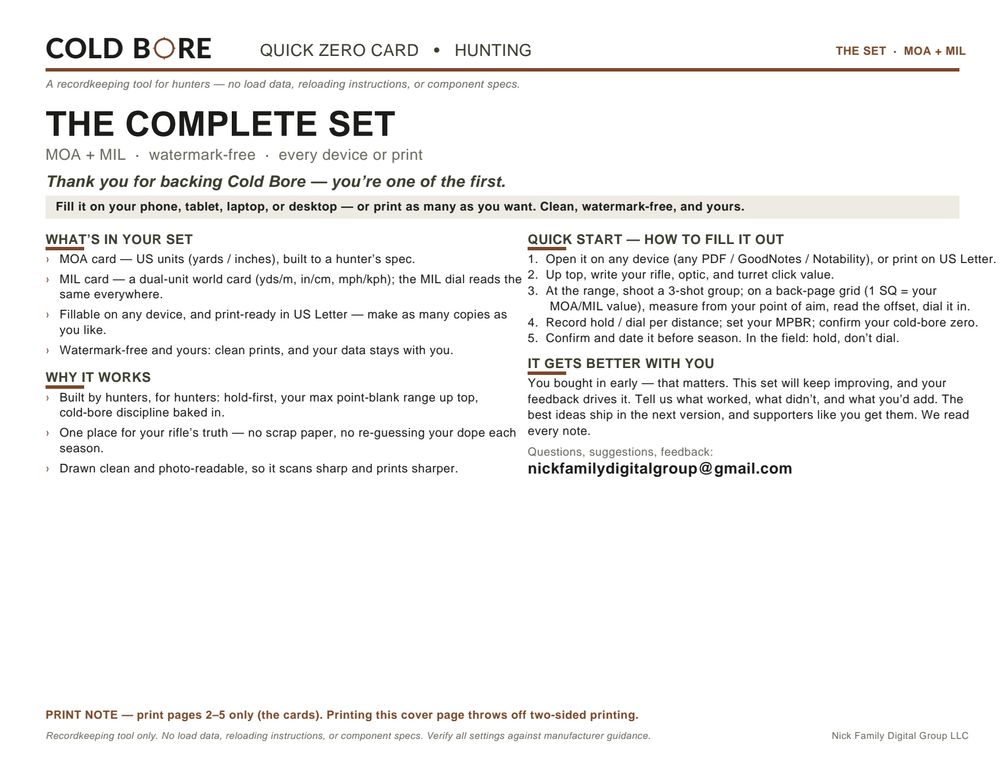 The watermark-free MOA Quick Zero Card, page one: rifle info, field DOPE table, max point-blank range box, and zero confirmation.