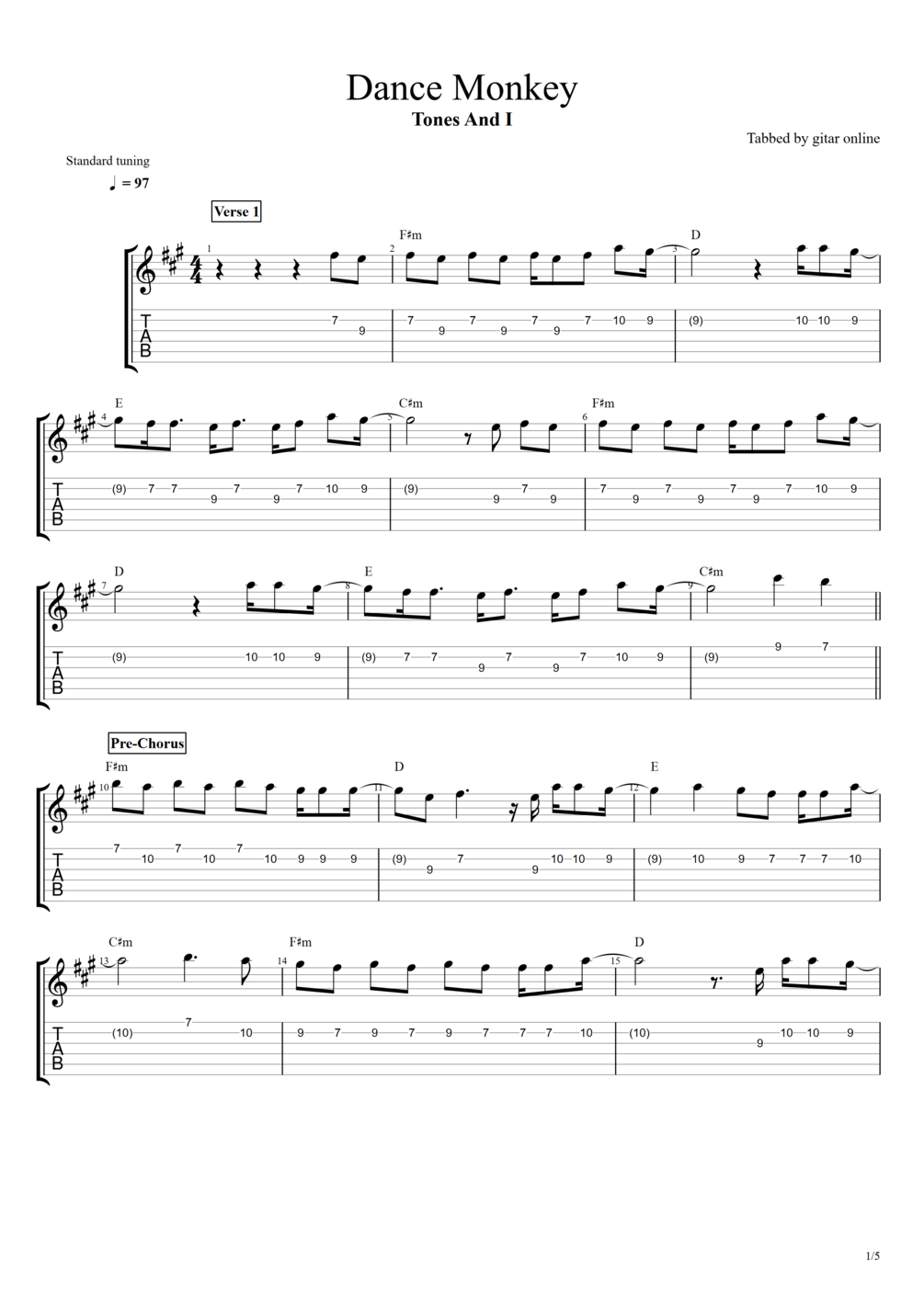 TAB. Dance Monkey Tones And I (Guitar Instrumental)