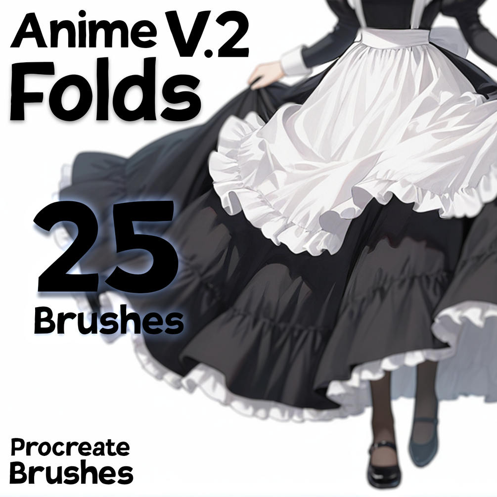 Anime Folds V.2 pack cover showing shaded black and white dresses and 25 Procreate brushes