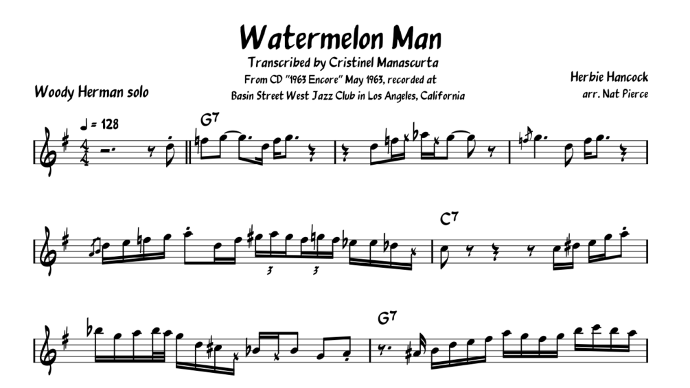 Woody Herman Watermelon Man Tenor Sax Transcription