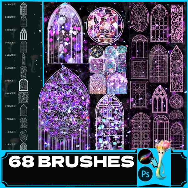 Procreate brush PS brush European church flower window retro Gothic Western glass window flower decoration window, procreate toolkit by best procreate brushes