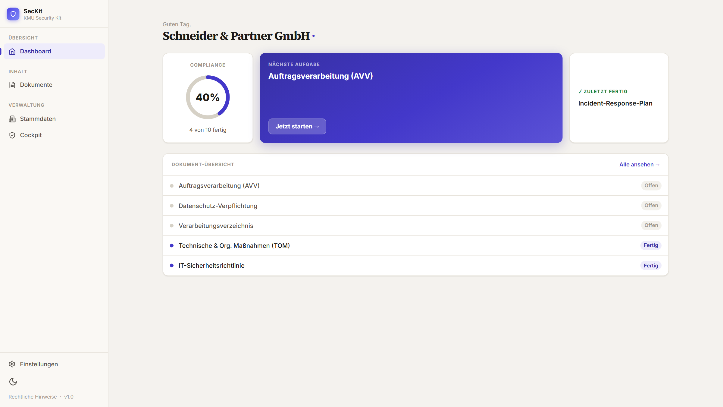 SecKit: Compliance-Dashboard mit Fortschritt und Dokumentübersicht