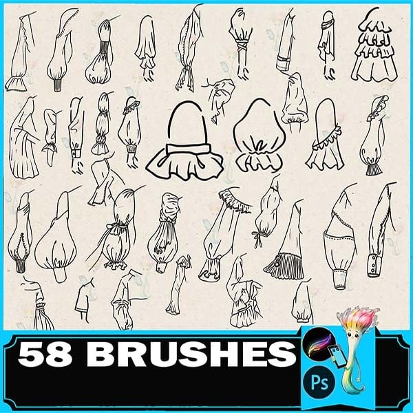 Procreate & Photoshop 58 Types Clothing Sleeve・Cuff Design Brush Set | Women's Apparel・Costume Style・Line Art Auxiliary Material by best procreate brushes