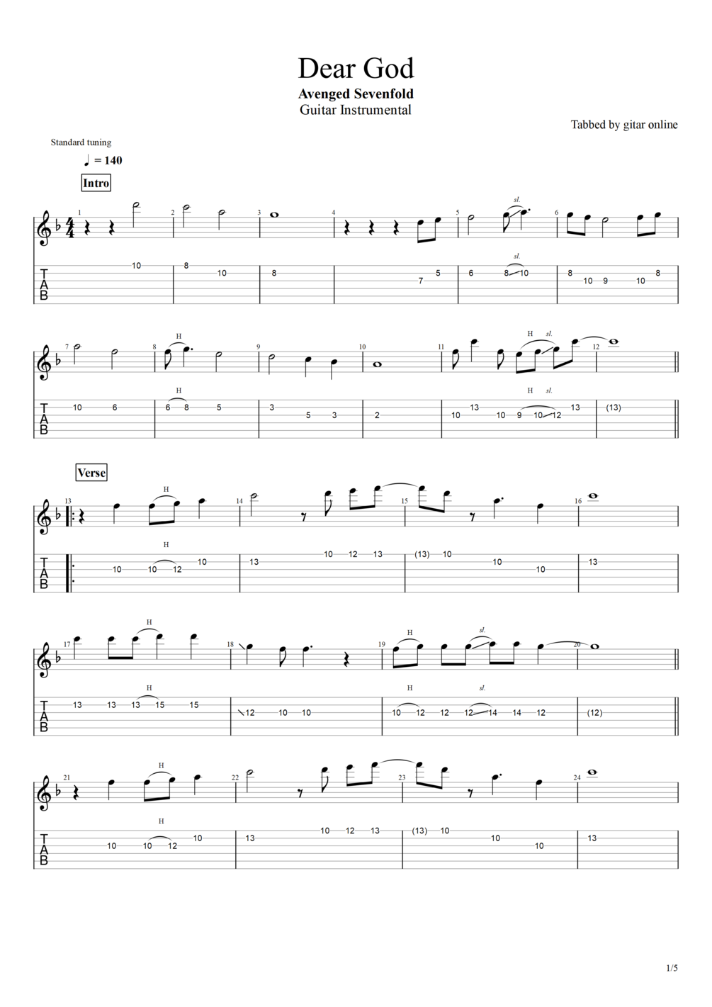 avenged sevenfold dear god guitar pro tab download