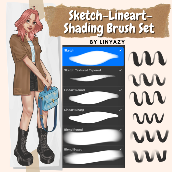 Sketch Lineart and Shading Brush Set for Procreate by Linyazy by Azy/Azazel