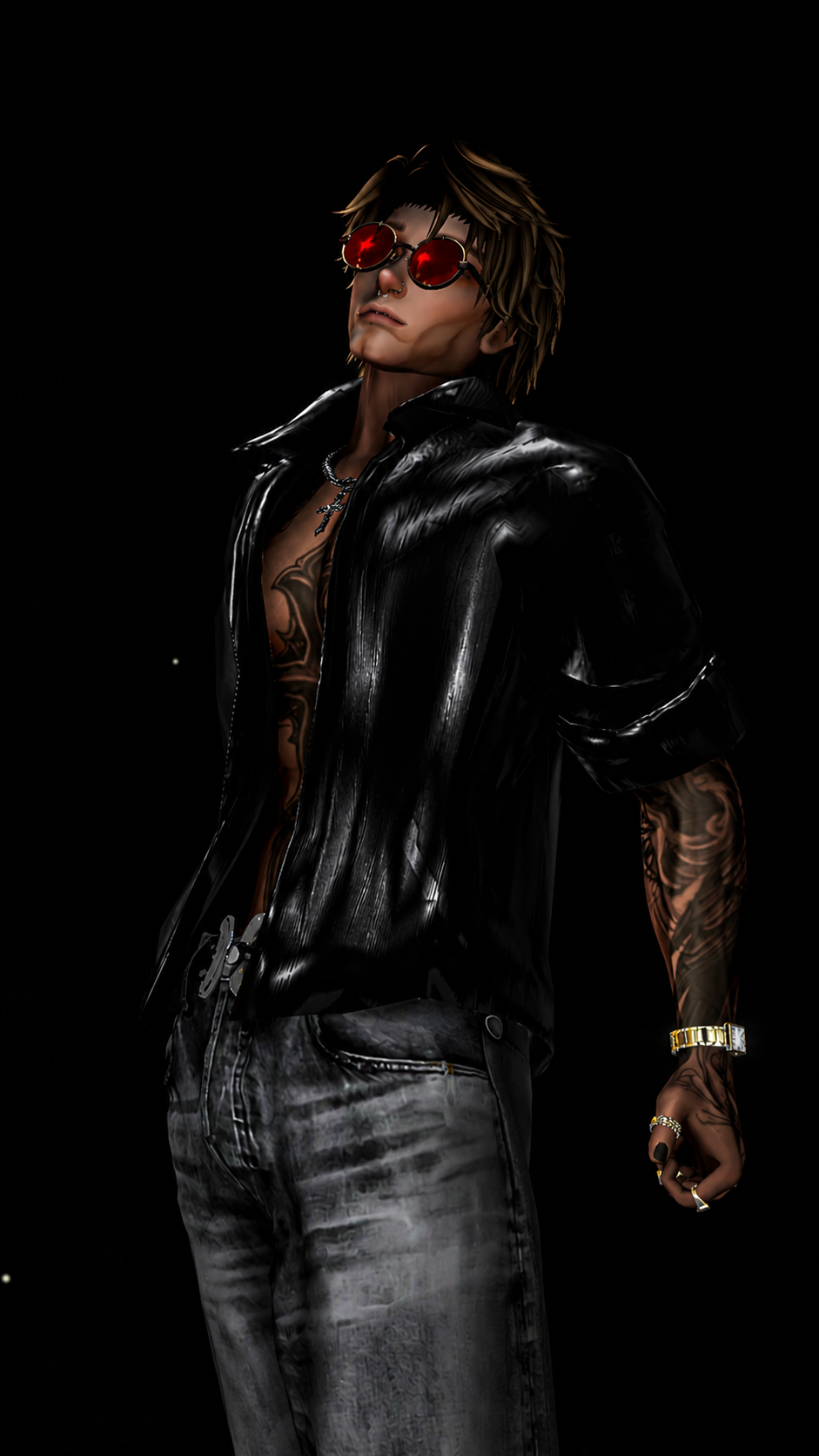 Jake avatar — outfit styling and tattoo detail