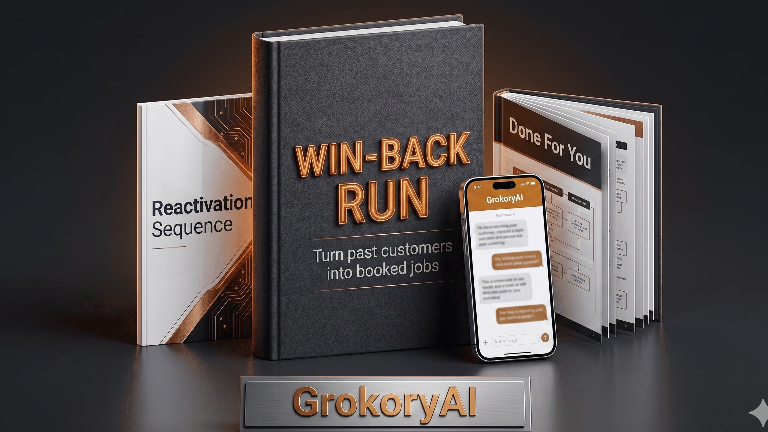 Win-Back Run by GrokoryAI — a done-for-you SMS reactivation service that texts a trades business's lapsed past customers and sends bookings to their calendar