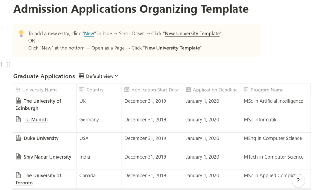 Graduate School Applications Notion Template