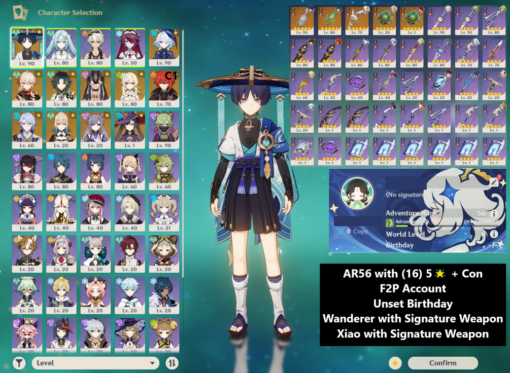  asia server genshin impact account ar56 wanderer xiao signature