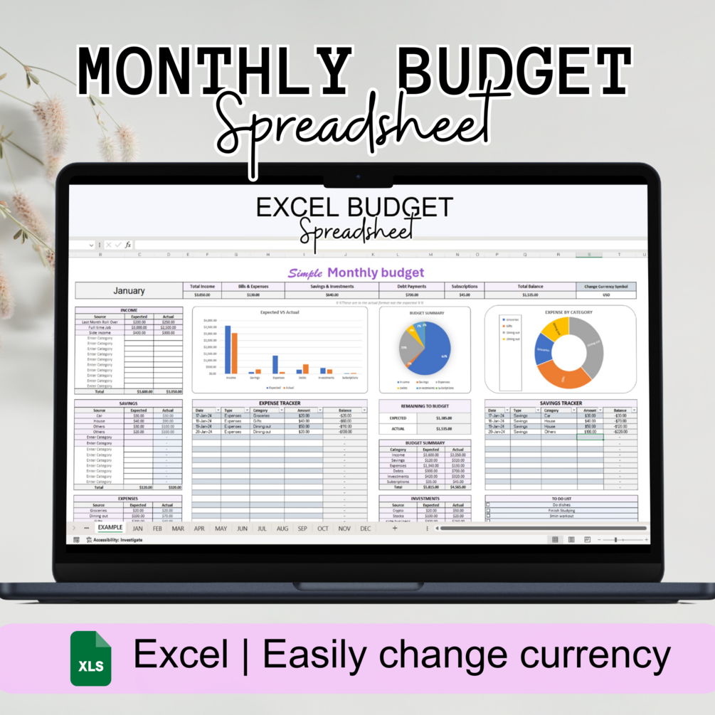 Excel Budget Spreadsheet, Simple Annual Monthly Budget Spreadsheet ...