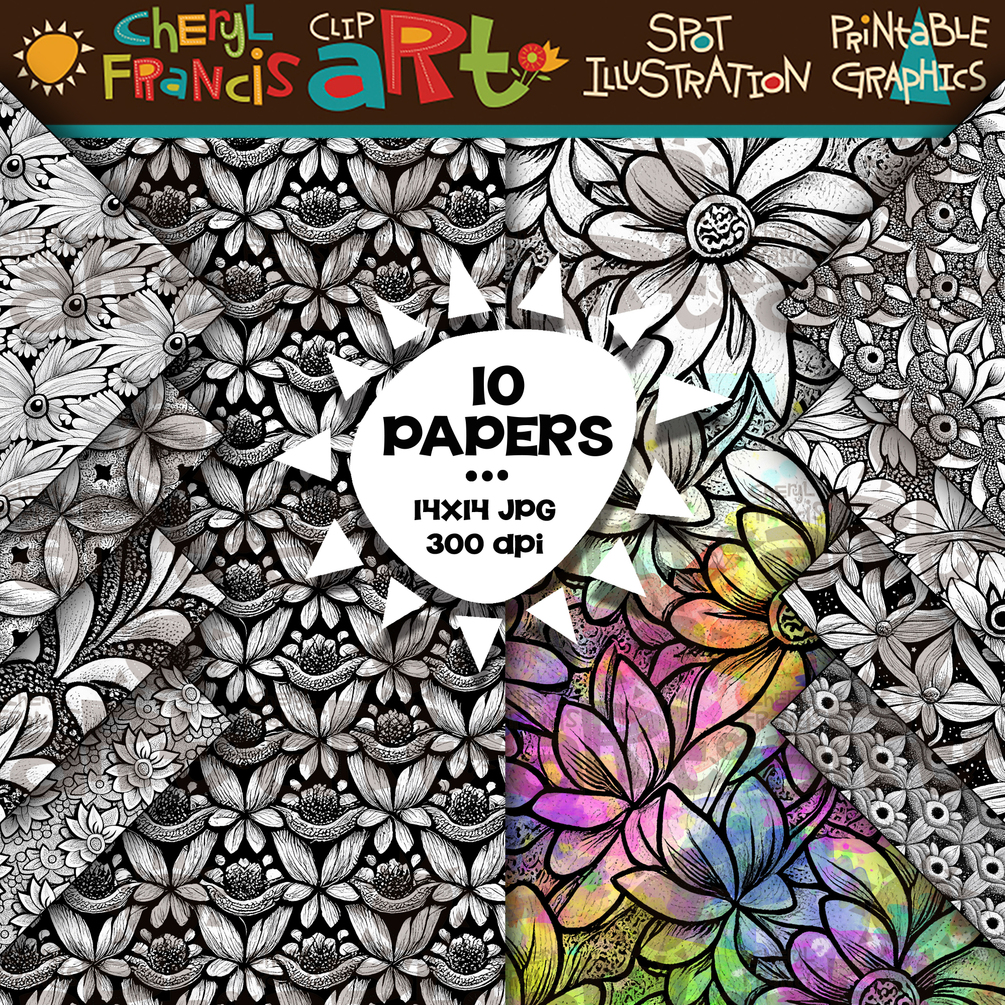 10 Scratchboard Style Sketchy Coloring Papers 1.1