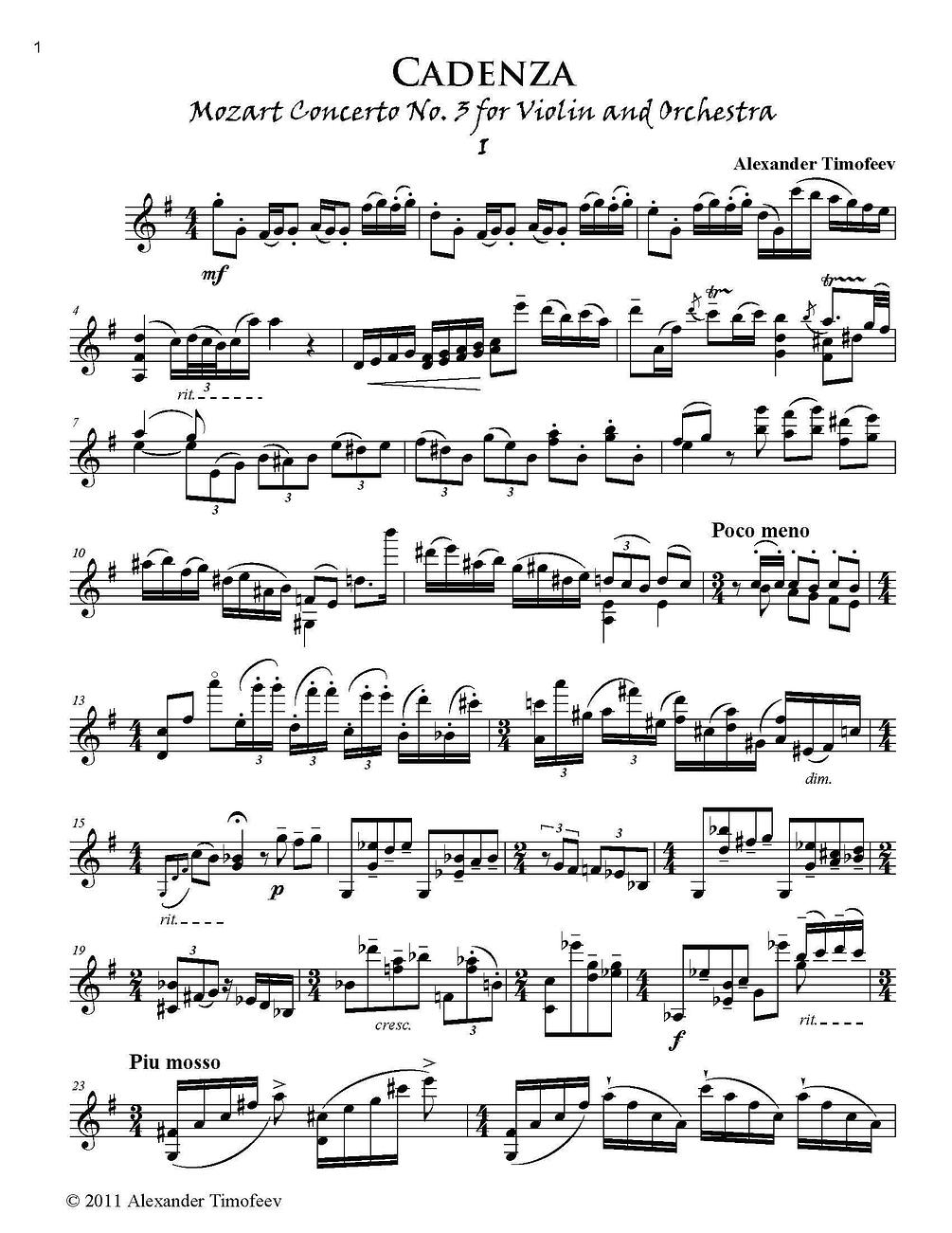 Two Cadenzas for Mozart Violin Concerto No.3 PDF