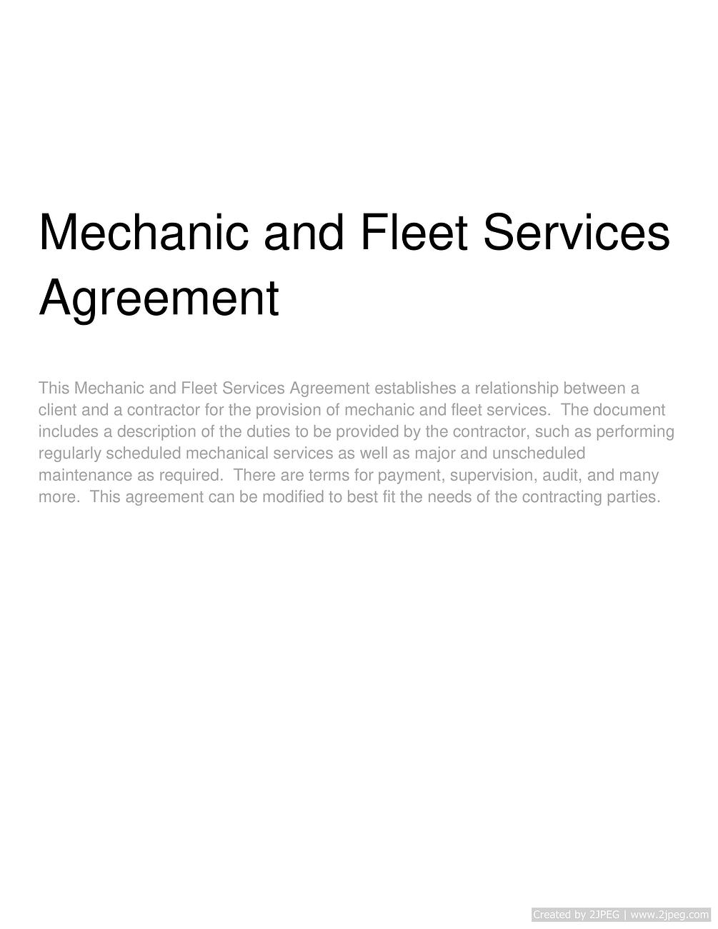 Mechanic and Fleet Services Agreement