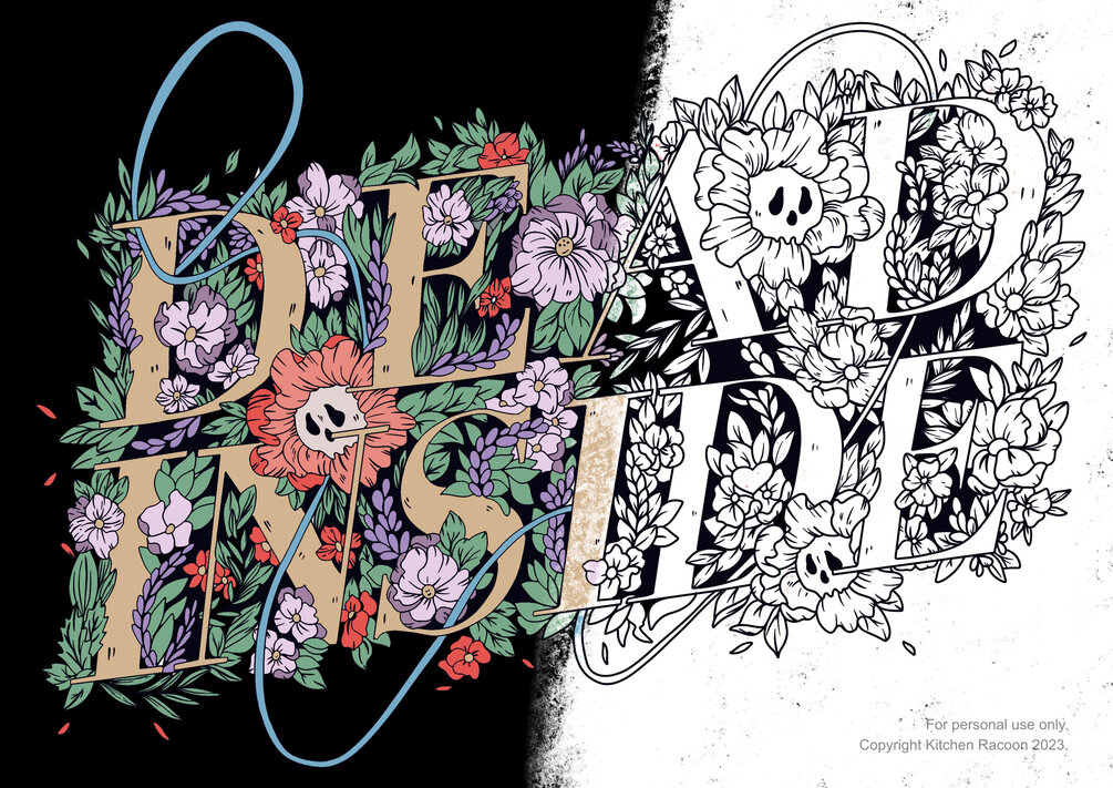 Printable Coloring Page for Adults - Dead Inside, Botanical motive