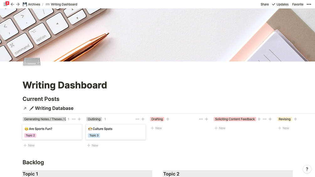 Writing Dashboard Notion Template