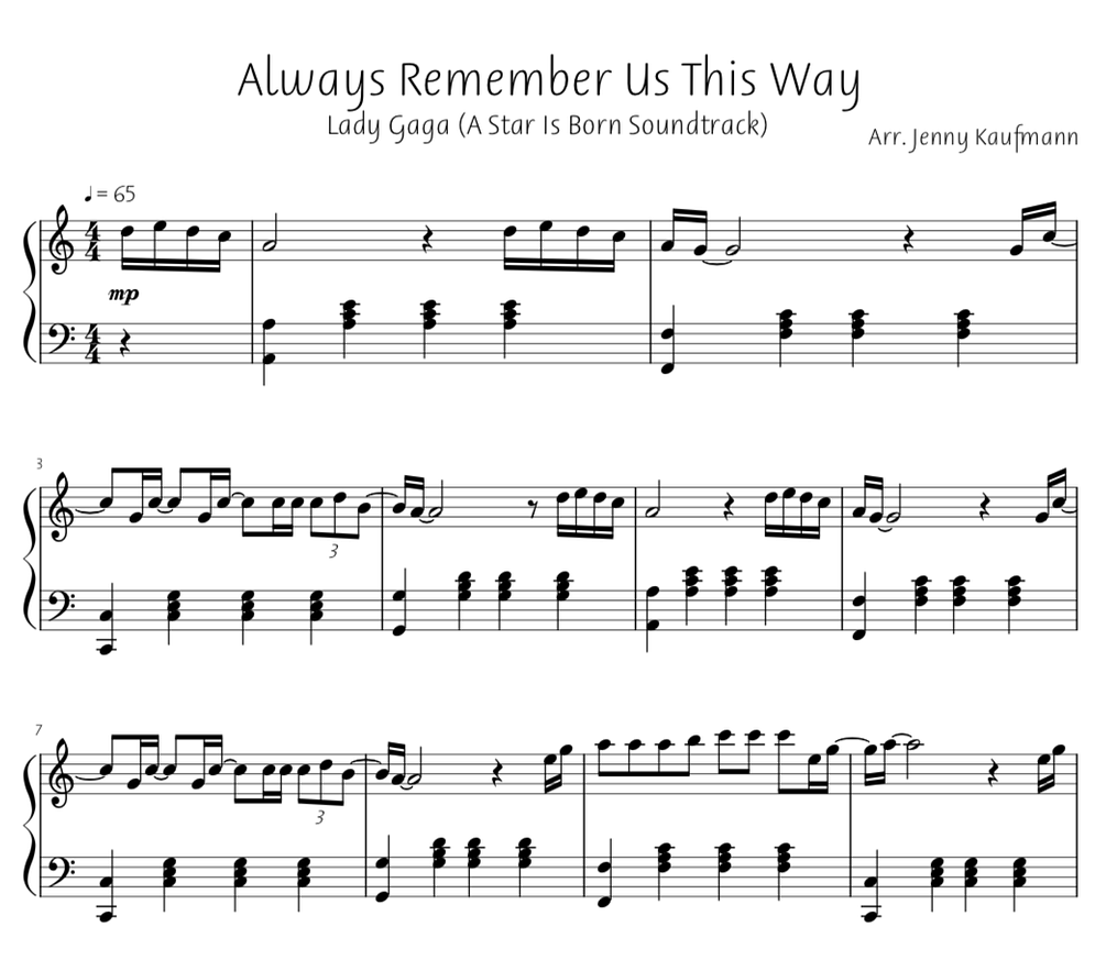 Always Remember Us This Way Piano Sheet Music