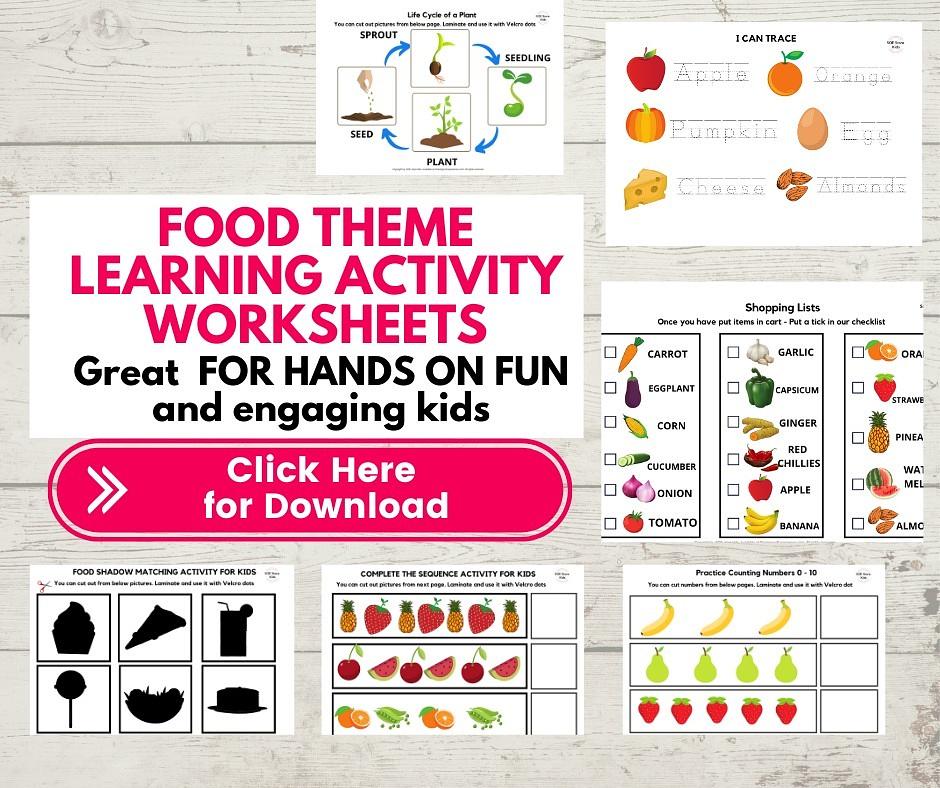 Food Activities worksheets for preschoolers toddlers printables pdf pack