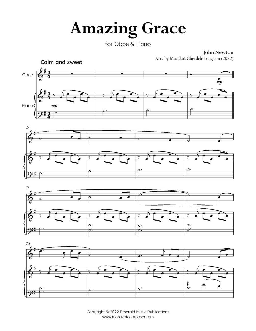 AMAZING GRACE for Oboe & Piano (Score & Part) PDF + Audio MP3 Piano