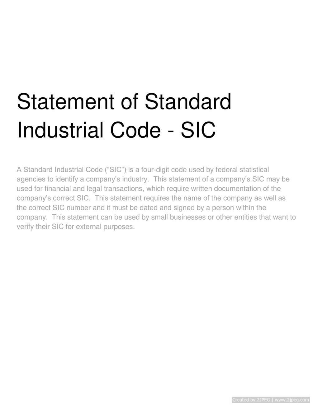 Statement of Standard Industrial Code SIC