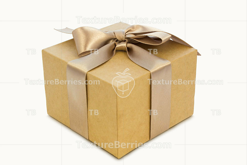 Cardboard gift box with golden ribbon, clipping path