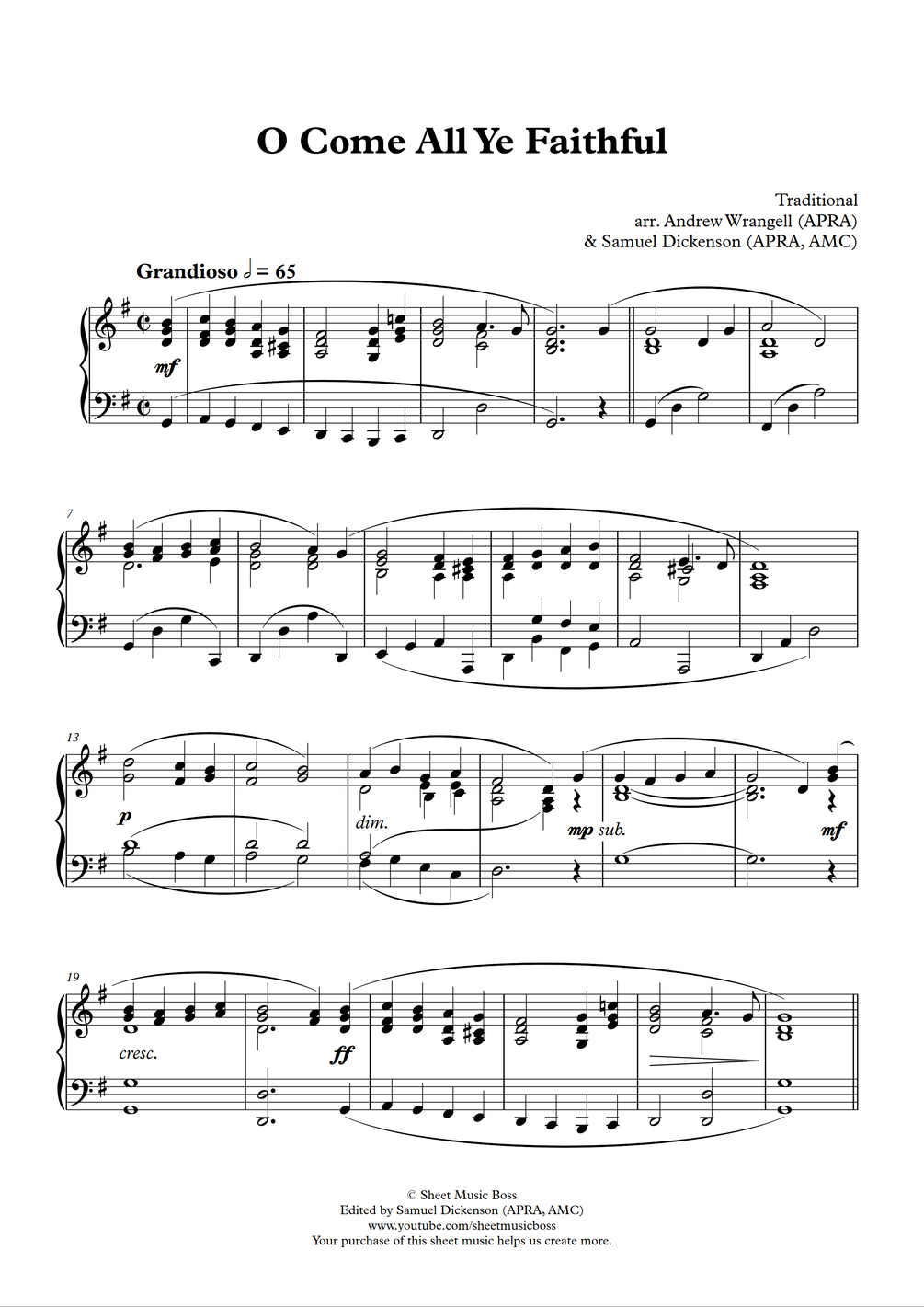 O Come All Ye Faithful (Piano Sheet Music PDF, MIDI, and MP3)