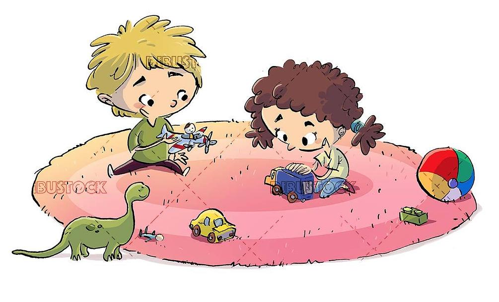 Kids playing on the carpet with toys