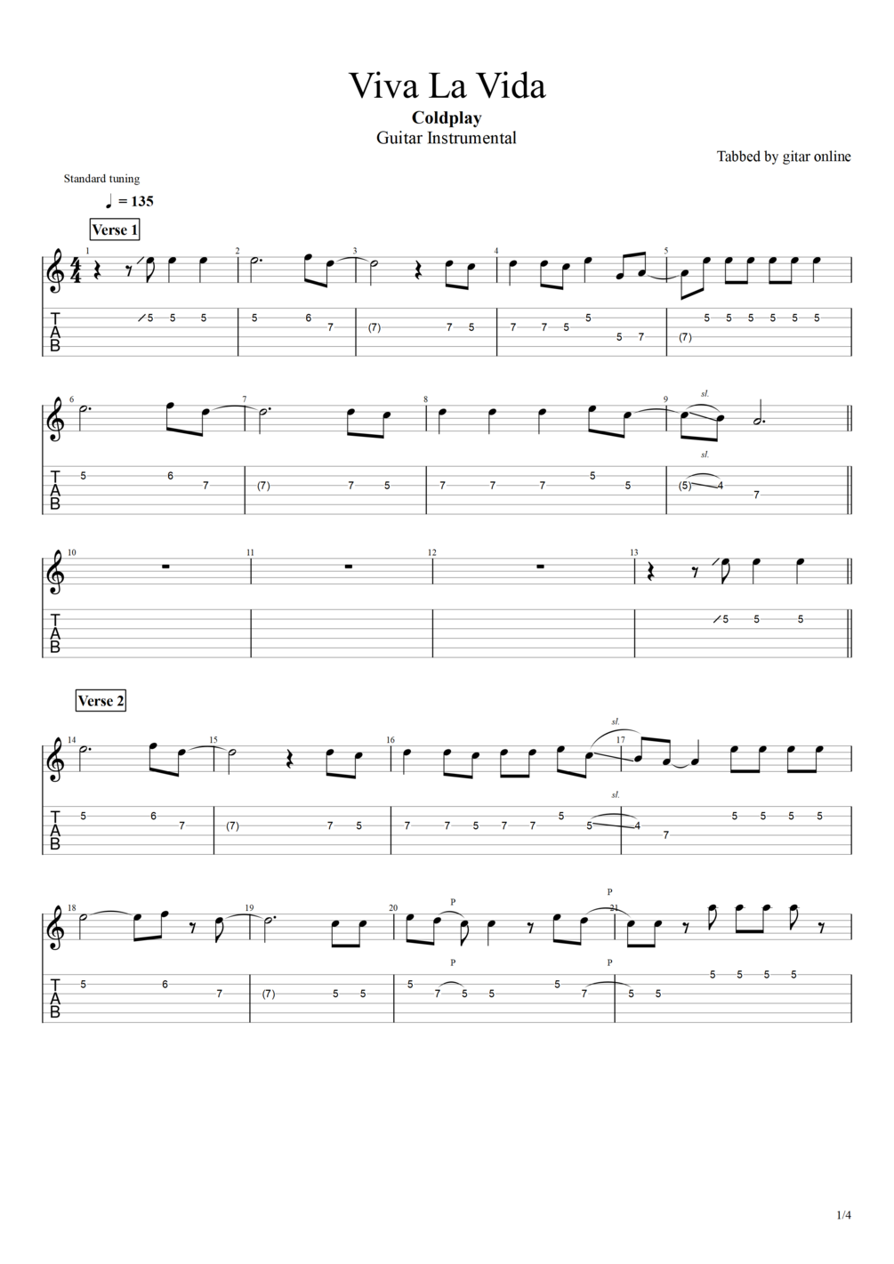 TAB. Viva La Vida Coldplay (Guitar Instrumental)