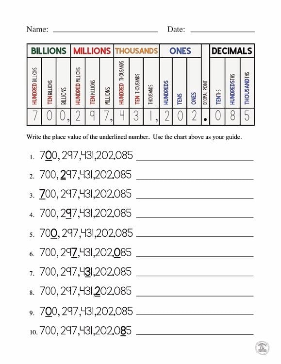 Place Value To Billions Worksheets