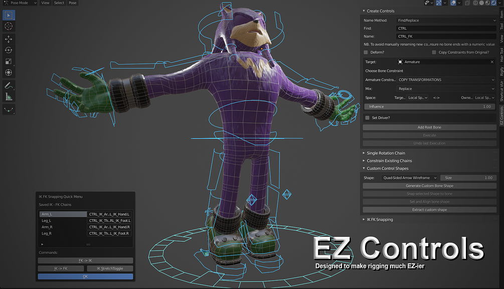 EZ Controls Blender Rigging assistant and custom IKFK snapping solution