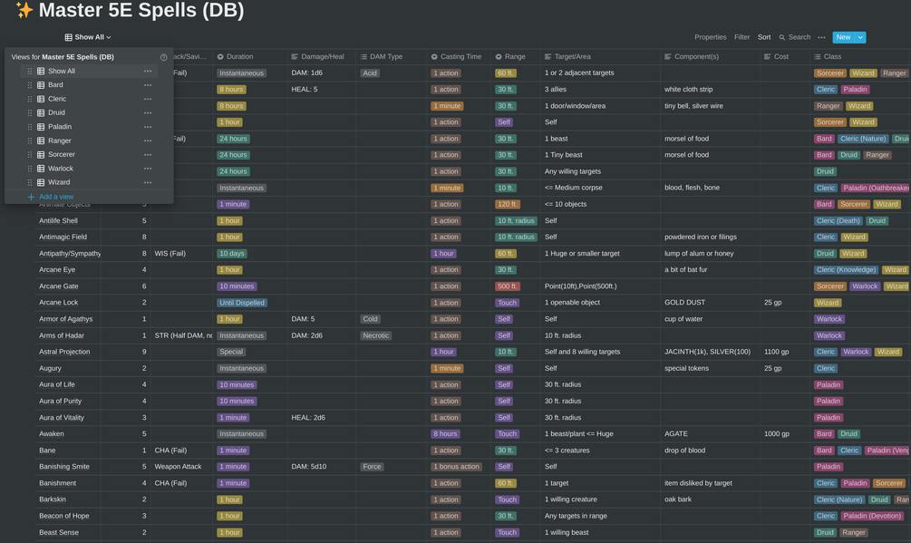 NOTION TEMPLATE Dungeons and Dragons 5e Spells Database