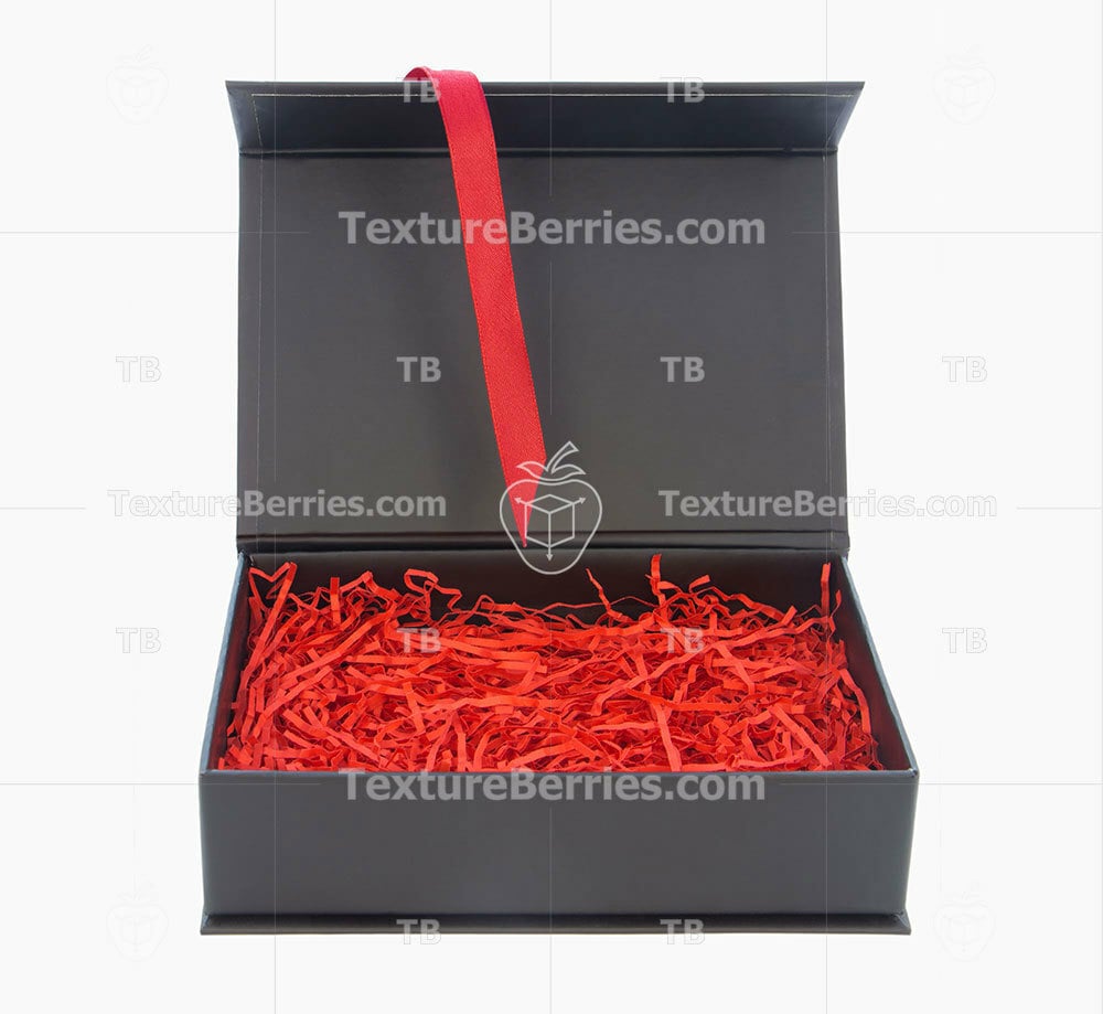 Black box with red filler and ribbon isolated on white
