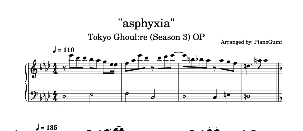 Tokyo Ghoul Re Op Asphyxia Piano Sheet Music