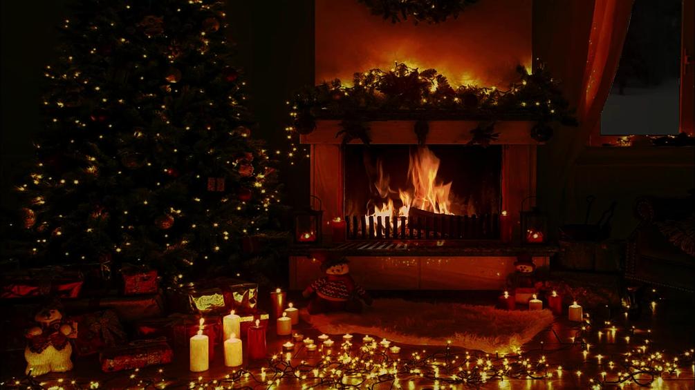 Decorated Christmas Fireplace Ambience Scene Snow Tree Lights