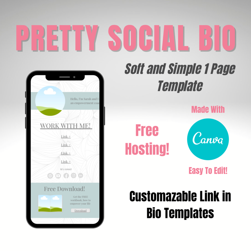 Pretty social bio link in bio canva template soft and simple 1 page