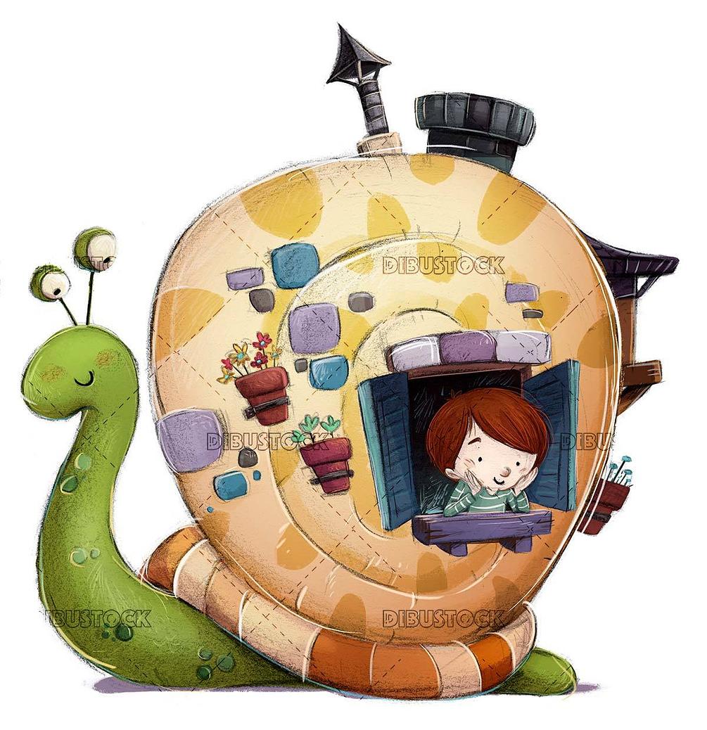 Snail with house and child inside