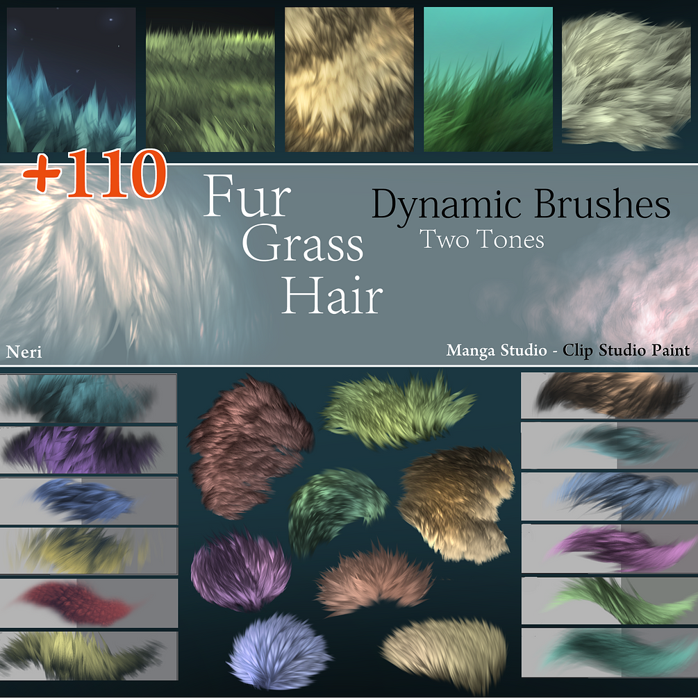 +110 Neri's Dynamic Fur/Grass/Hair brushes for Manga Studio Clip